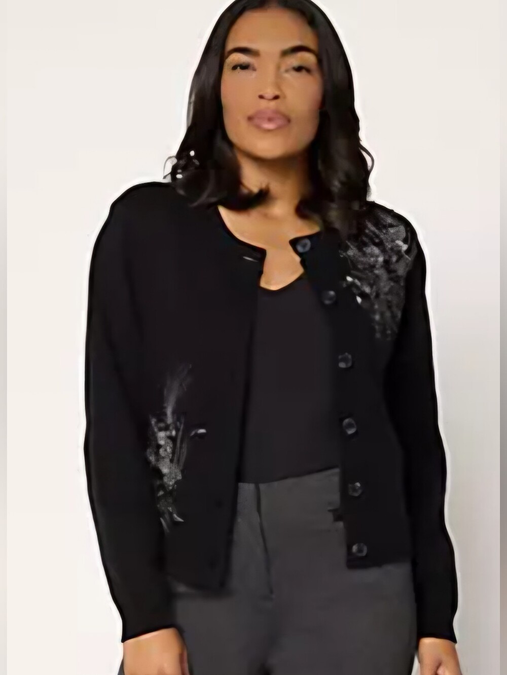 Basso Sequin Pearl Black Embroidered Button-Up Women's Sweater